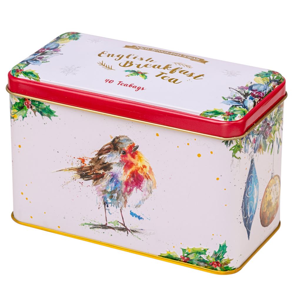 Christmas Robin Tea Tin with 40 English Breakfast Teabags Black Tea New English Teas 