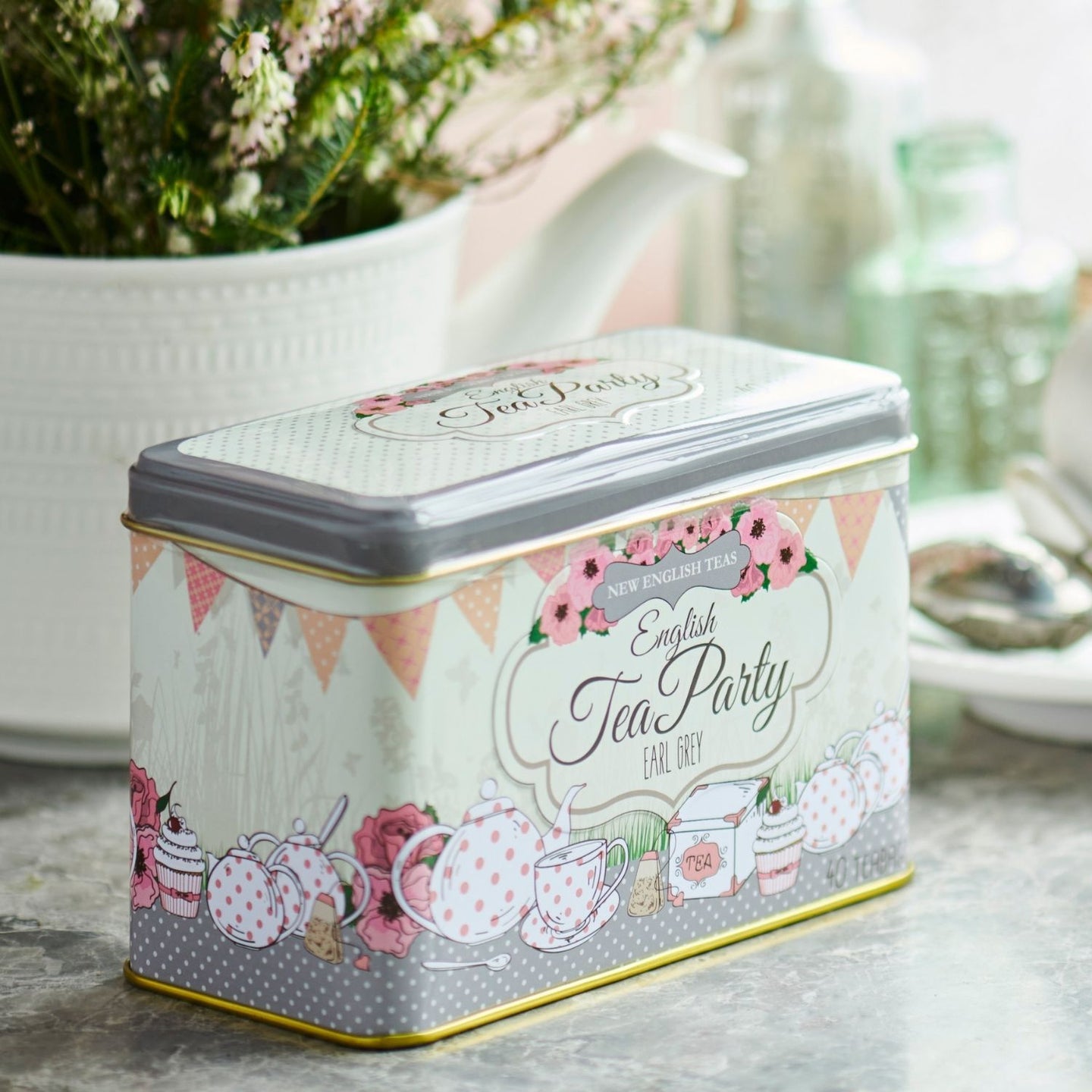 English Tea Party Tea Tin with 40 Earl Grey teabags Black Tea New English Teas 