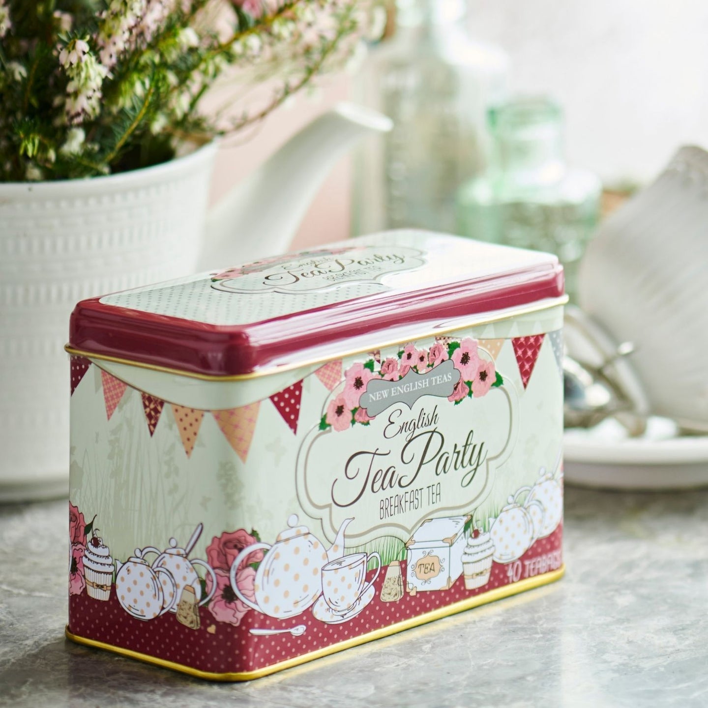 English Tea Party Tea Tin with 40 English Breakfast teabags Black Tea New English Teas 