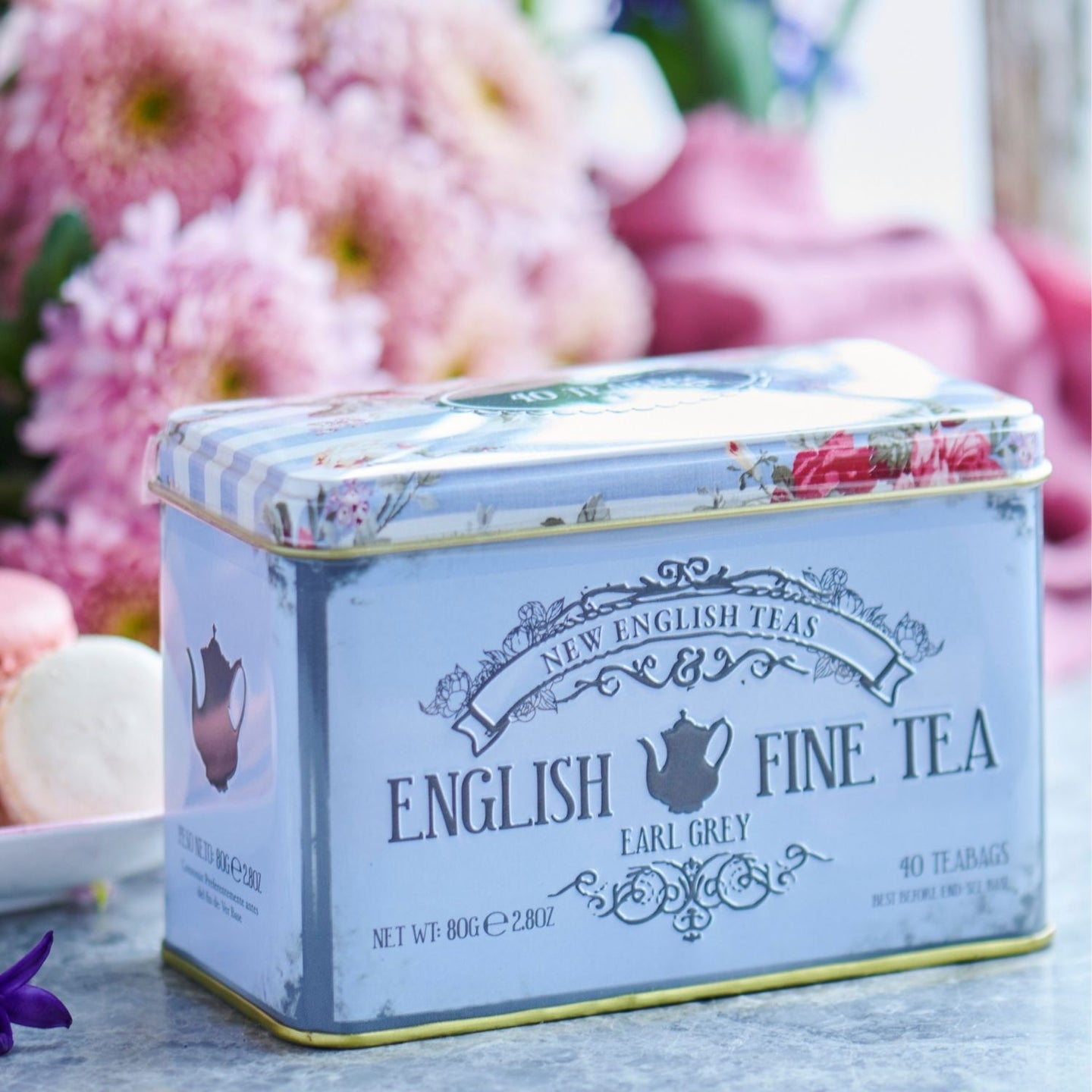 Floral Tea Tin with 40 Earl Grey teabags Black Tea New English Teas 