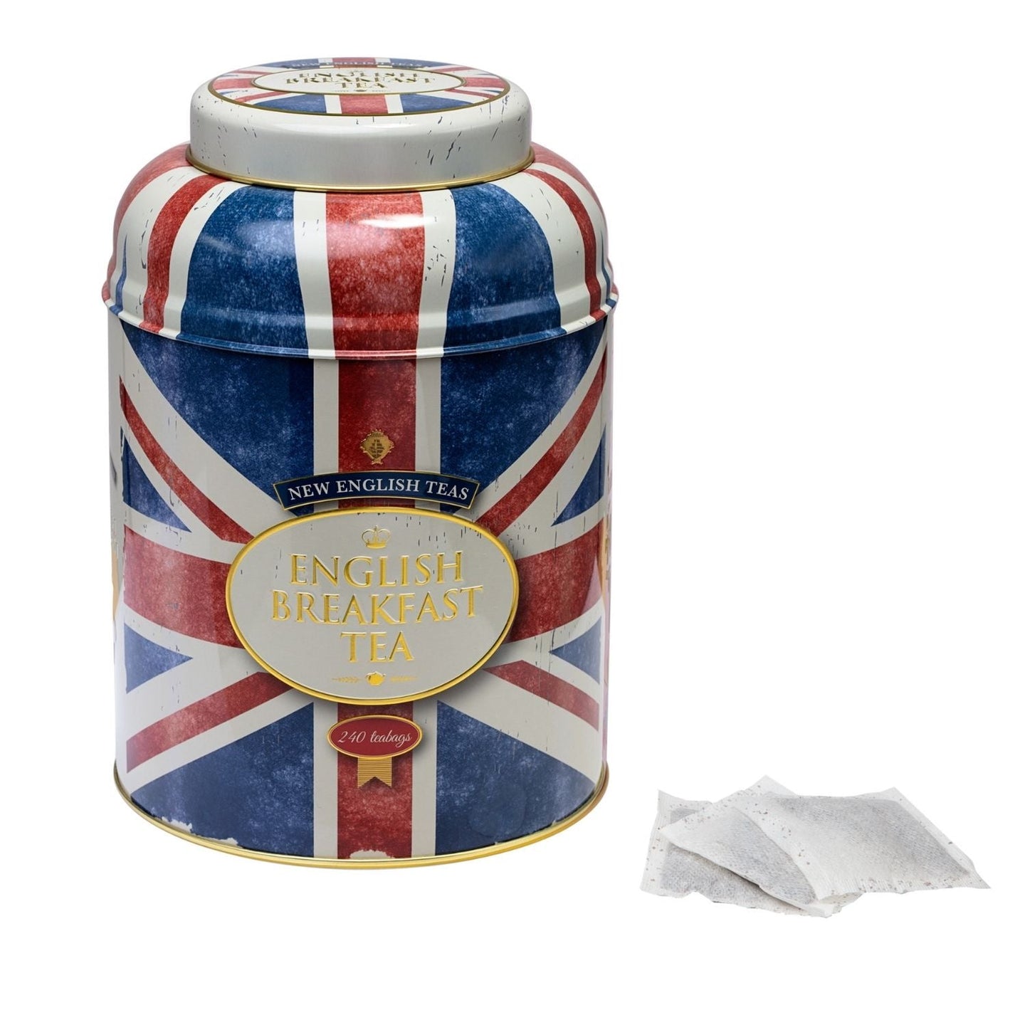 Union Jack Large Round Tea Caddy with 240 English Breakfast Teabags Black Tea New English Teas 