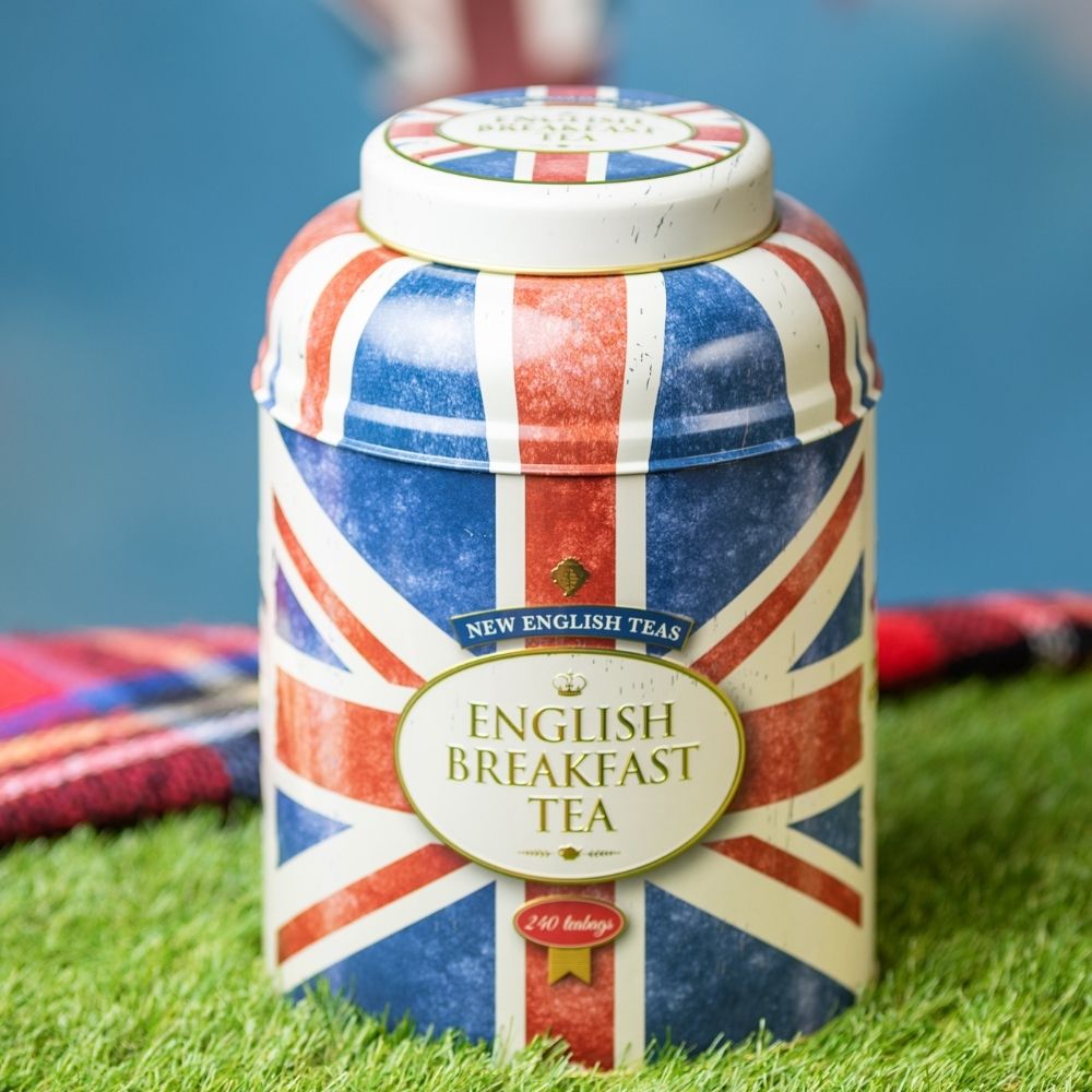 Union Jack Large Round Tea Caddy with 240 English Breakfast Teabags Black Tea New English Teas 